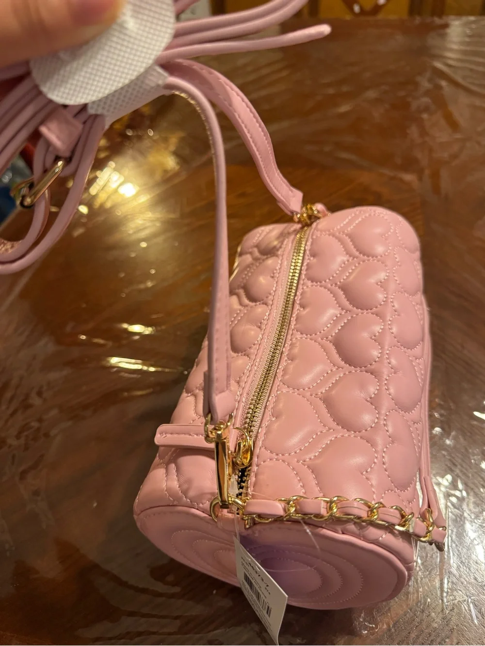 Claire's Pink Heart Quilted Barrel Crossbody Bag with Gold Chain